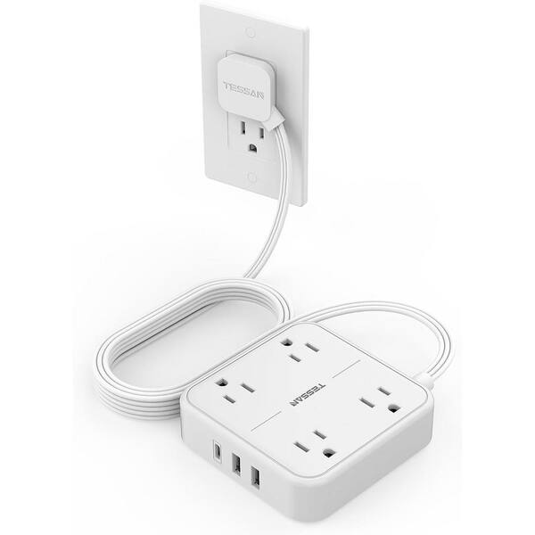 Etokfoks 10 ft. 4 AC Outlets Flat Plug Power Strip with 3 USB