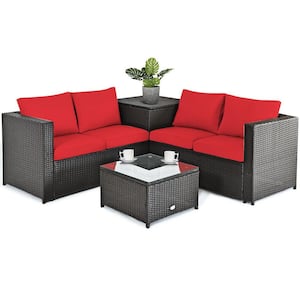 4-Piece Wicker Patio Conversation Set with Red Cushions and Storage Box