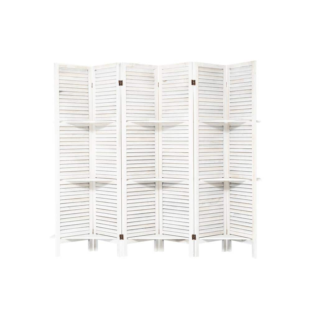 White Wood Folding Privacy Screens, 6-Panel Room Divider with Shelve, Parti