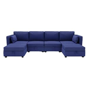 110.24 in. W Square Arm 6 PC Linen U-Shaped Modular Sectional Sofa with Storage Seats and Reversible Chaise in. Navy
