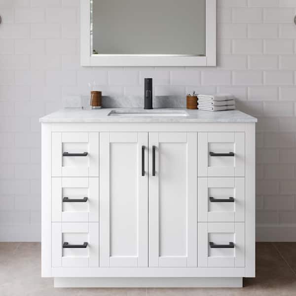 Wyndham Collection Miranda 42 in. W Single Bath Vanity in White with Marble Vanity Top in White Carrara with White Basin and Mirror