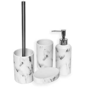 Marble  4-Pieces Bath Accessory Set with Soap Pump, Tumbler, Soap Dish and Toilet Brush Holder in Dolomite White