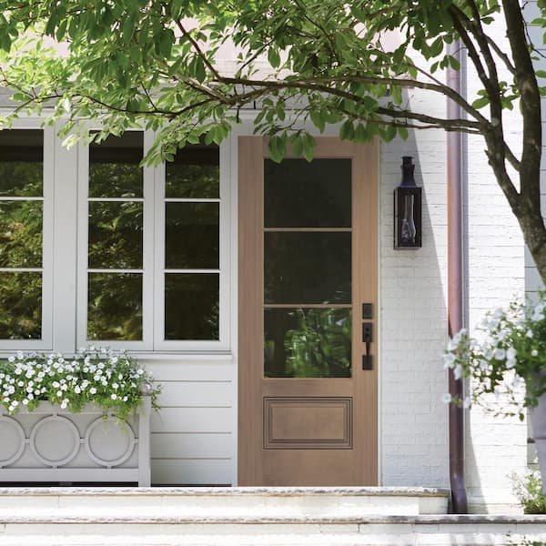 36 in. x 80 in. 1-Panel Right Hand Inswing 3-Lite Clear Warm Toffee Fiberglass Prehung Front Door with Brickmould