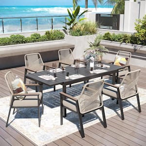 7-Piece Black Metal Patio Outdoor Dining Set with Expandable Rectangle Table and Woven Rope chair with Beige Cushions