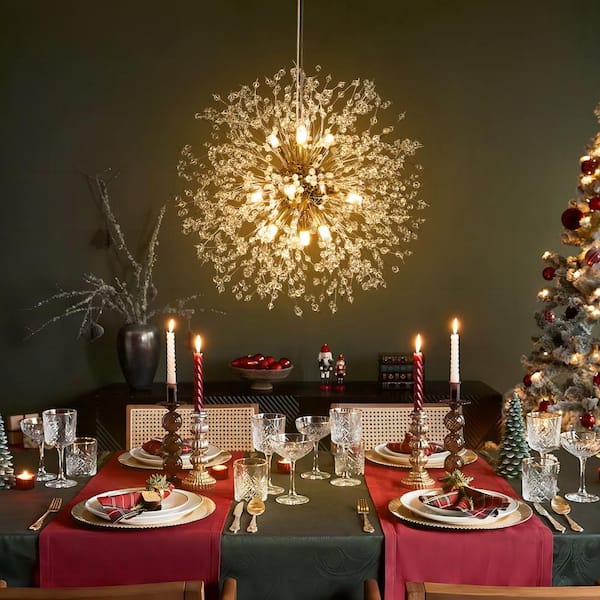 Rennnsan Eli 9-Light Dimmable Gold Starburst Sphere Chandelier with 60 Crystal Strands