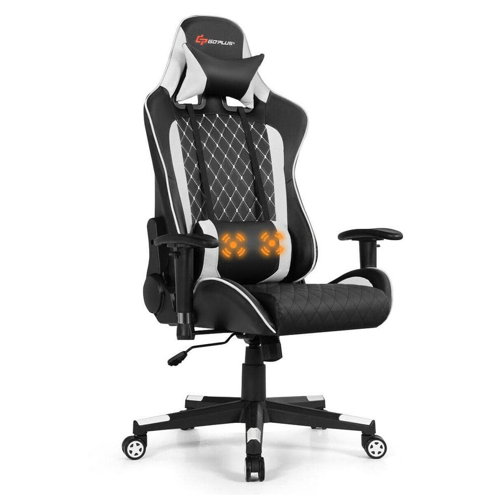 Black and White Massage Gaming Chair with Lumbar Support