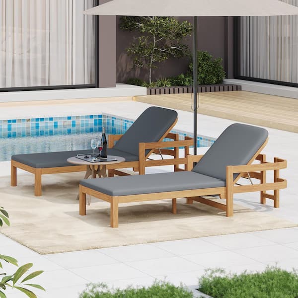CHRISTOPHER KNIGHT HOME Colton Light Teak Solid Wood Adjustable Outdoor Patio Chaise Lounge with Dark Gray Cushions, Set of 2