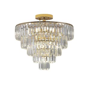 19.7 in. 10-Light Gold Semi Flush Mount Unique Tiered Chandelier Round for Living Room with Crystal Accents