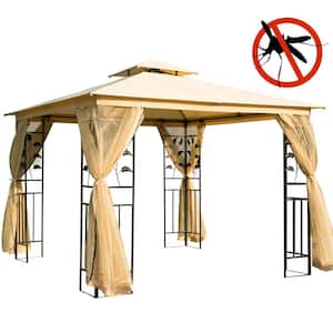 10 ft. x 10 ft. Metal Patio Gazebo, Double Roof Outdoor Gazebo Canopy Shelter with Tree Motifs Corner Frame, Beige
