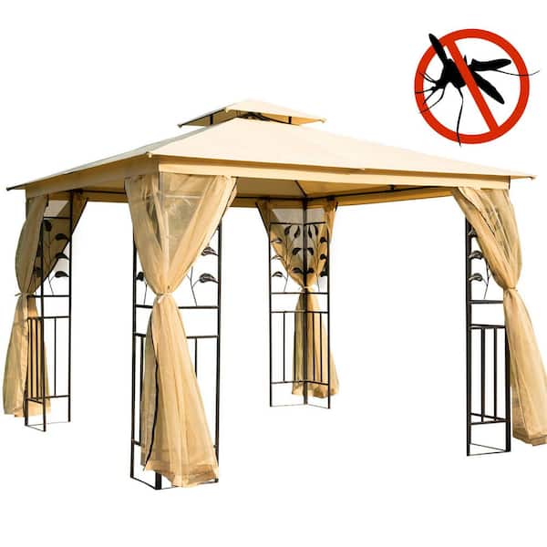 ToolCat 10 ft. x 10 ft. Metal Patio Gazebo, Double Roof Outdoor Gazebo Canopy Shelter with Tree Motifs Corner Frame, Beige