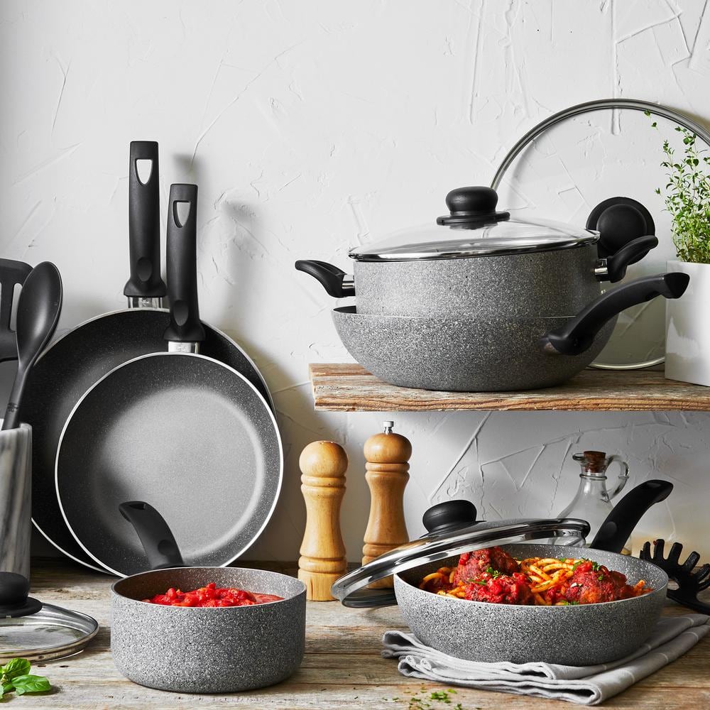 10-Piece Gray Aluminum Nonstick Cookware Set with Glass Lids