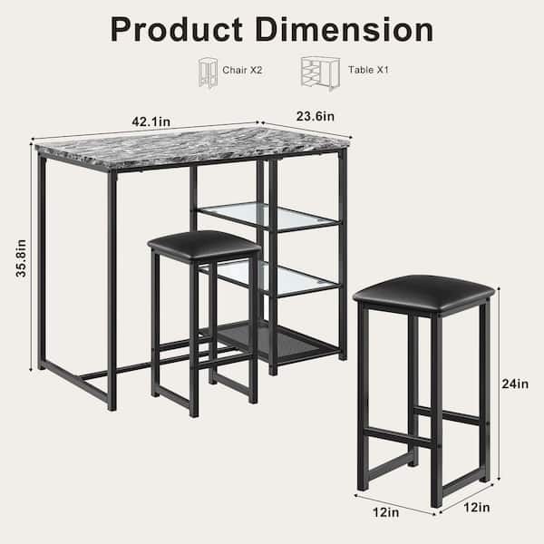 3-Piece Counter Height Dining Table Set with Storage, Black MDF Dining Table and 2 Bar Stools for Kitchen Breakfast Nook