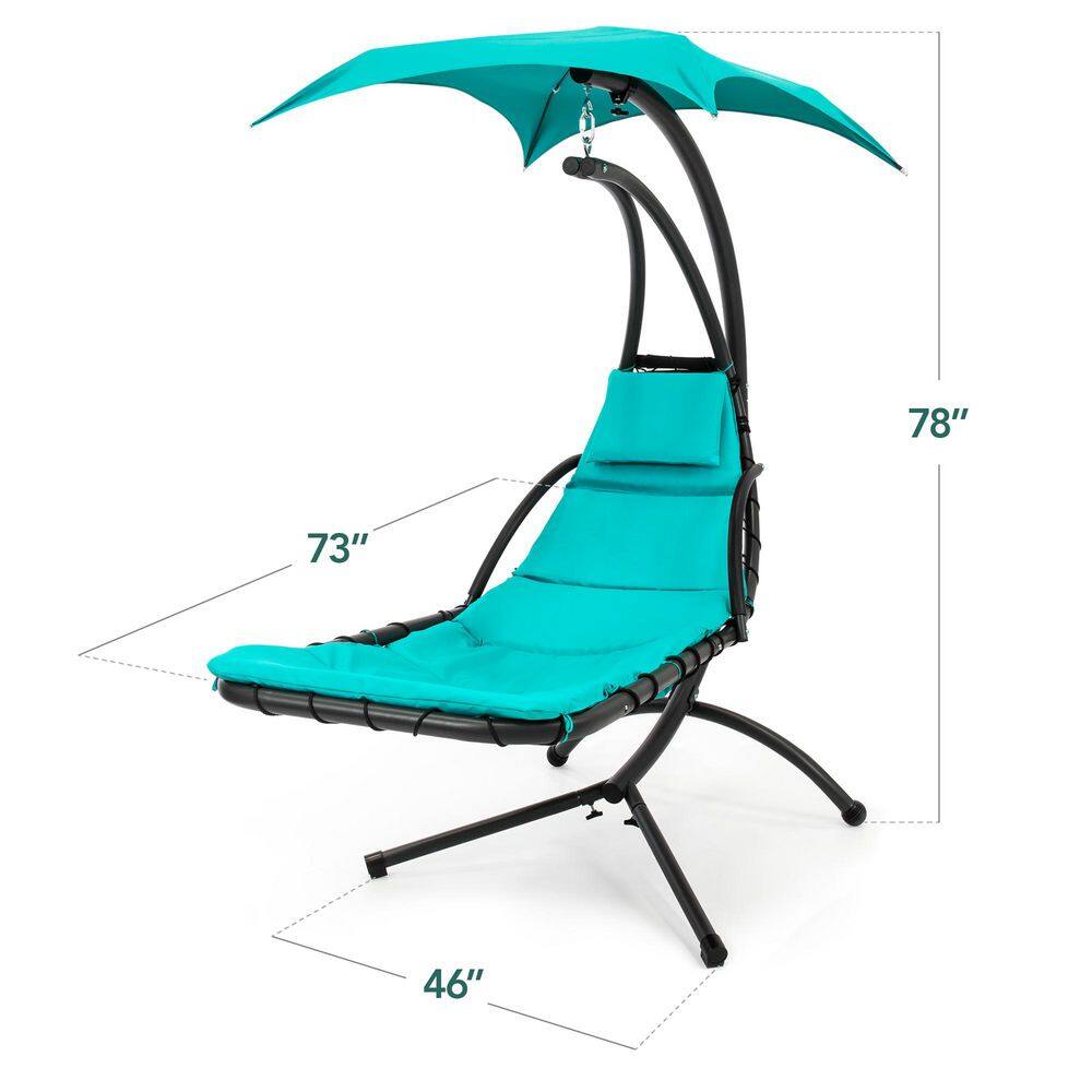 Teal Hanging LED-Lit Curved Chaise Lounge Chair with Canopy and Stand