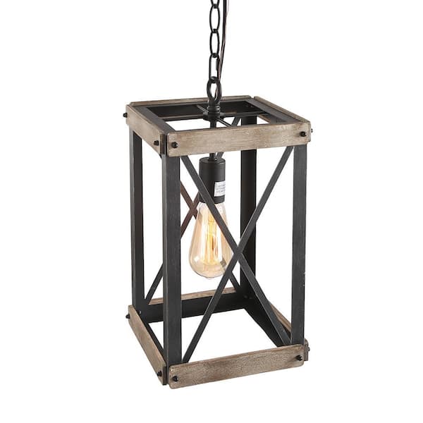 LNC Wood Chandelier Farmhouse Black Lantern 1-Light Rustic Cage Square Kitchen Island Pendant Light