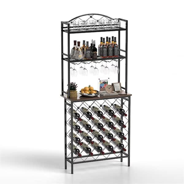 Dracelo 60-Bottle Black Metal Tabletop Freestanding Floor Wine Rack, Tall Wine Holder with Wine Glass Holder Storage Shelves