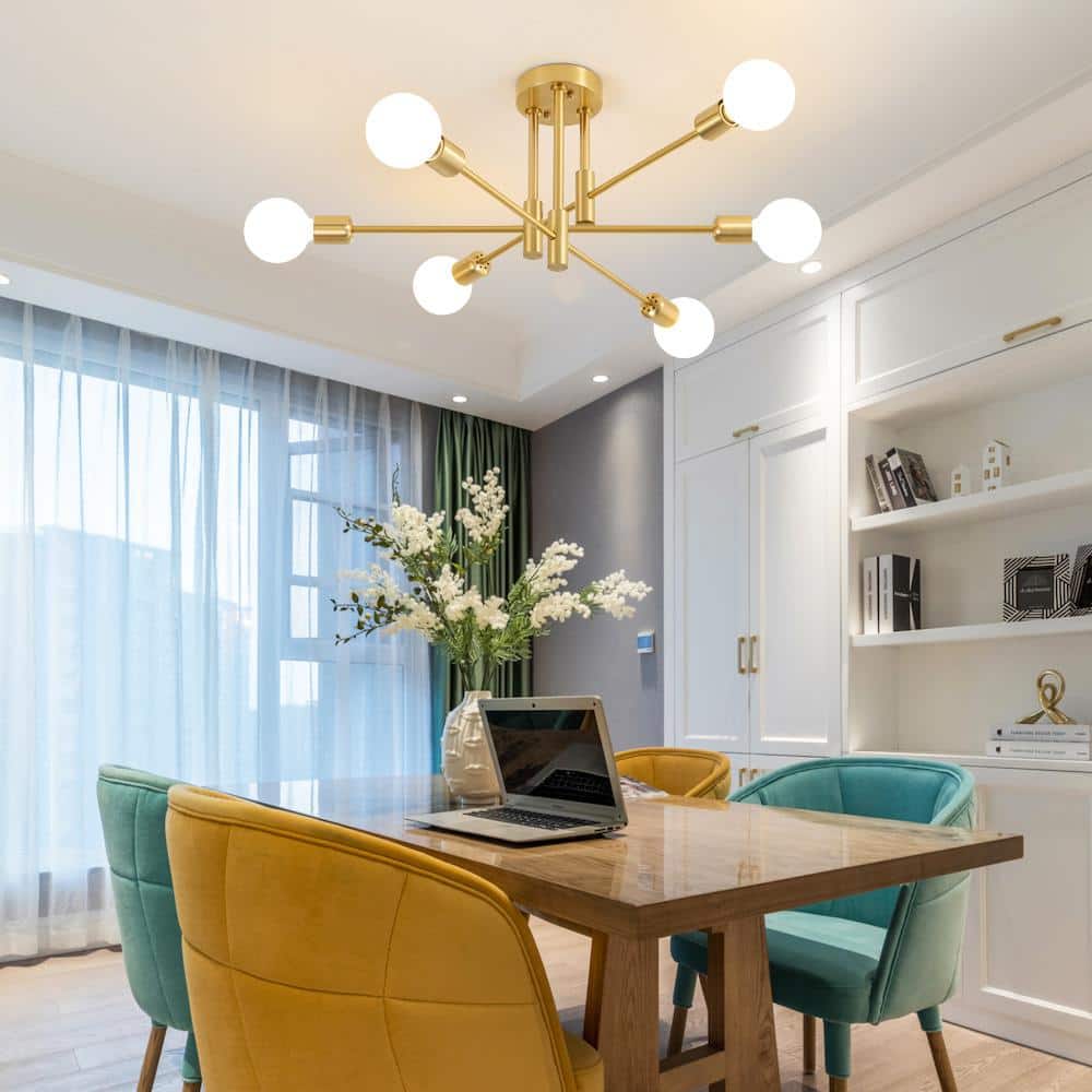 Gold 6-Light Sputnik Semi-Flush Mount Ceiling Fixture