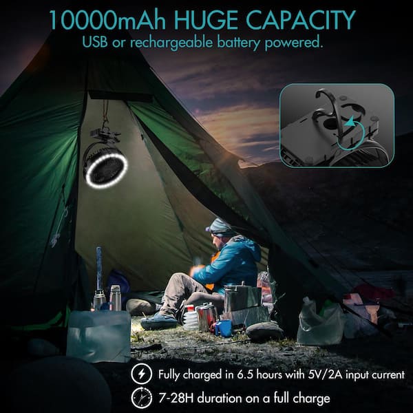 Camping Fan with Led Lantern - 10000mAh 8inch Rechargeable Battery Operated  Tent Fan with Light and Hanging Hook for Outdoor Camping Tent RV Travel