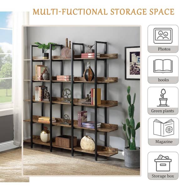 70.9 in. Tall Dark Brown 5-Tier Home Office Bookshelf, MDF 5-Shelf Vintage Industrial Style Bookcase with Open Storage