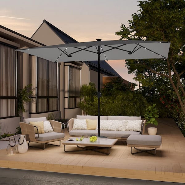 10 x 6.5 ft. Steel Solar-powered Large Double-Sided Rectangular Outdoor Market Patio Umbrella with Crank in Gray