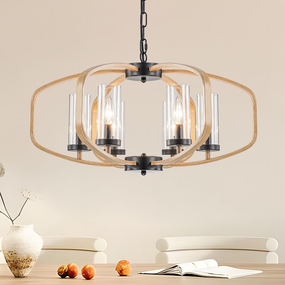 24 in. 6-Light Faux Wood and Black Metal Chandelier with Clear Glass Shades for Dining Room or Foyer price history on PriceWatchPro