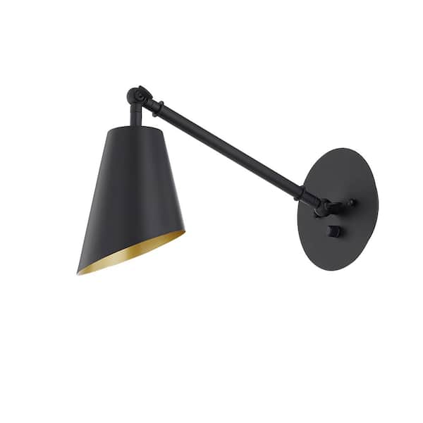 Grant 1-Light Matte Black Finish Wall Sconce with Aged Brass Inside Metal Shade