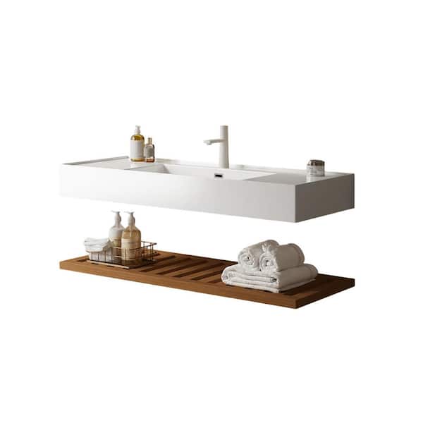 48 in. Floating Walnut Bath Vanity with White Rectangular Acrylic Top Assembled, Striped Shelves Layer