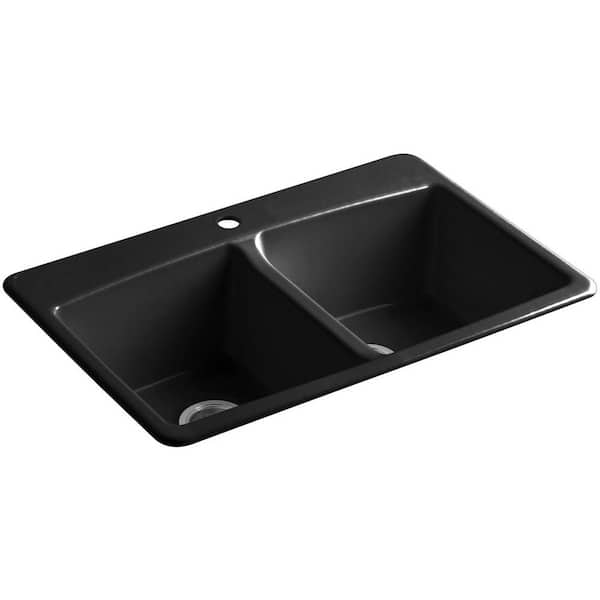 KOHLER Brookfield Drop-In Cast-Iron 33 in. 1-Hole Double Bowl Kitchen Sink in Black
