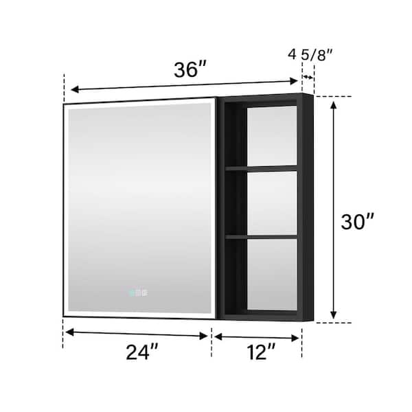 Forclover Dimmable LED Bathroom Medicine Cabinet 40-in x 30-in Defogging Surface Mount Black Mirrored Medicine Cabinet with 2 Side Cabinet Left Open