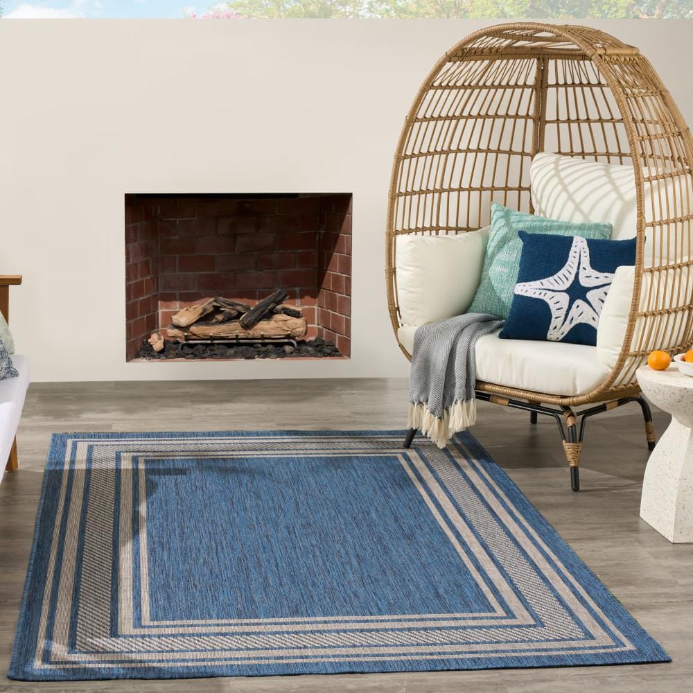 Denim Blue and Beige Geometric Rectangular 4' x 6' Indoor/Outdoor Rug