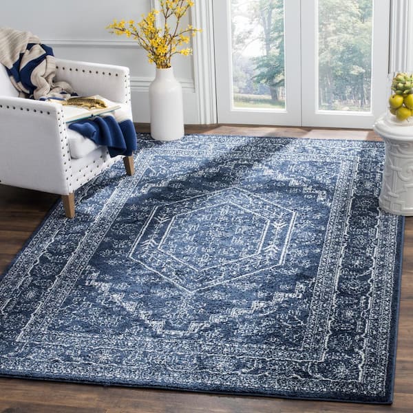 Adirondack Navy/Ivory 6 ft. x 9 ft. Border Area Rug