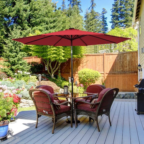 Unbranded 10 ft. Solar LED Lighted Patio Market Umbrella Shade Tilt Adjustment Crank in Dark Red
