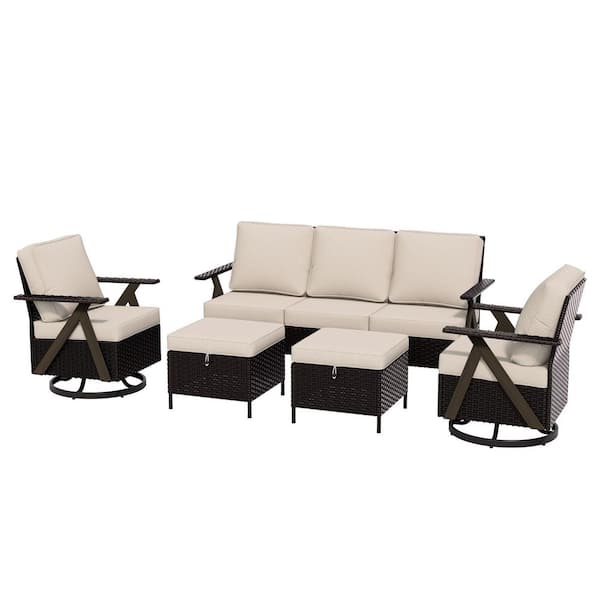 5-Piece Outdoor Furniture Patio Conversation Set with Swivel Rocking Chairs and Beige Cushions