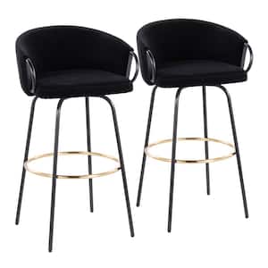 Claire 38.25 in. Black Velvet and Black Metal Low Back Bar Stool with Gold Footrest (Set of 2)