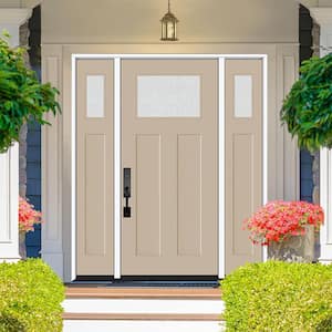 Legacy 64 in. x 80 in. 1/4 Toplite Rain Glass RHIS Primed Sandstone Finish Fiberglass Prehung Front Door w/Dbl 12 in. SL