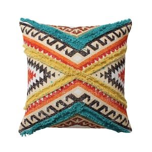 Multicolor Trimmed Fringes 18 in. x 18 in. Square Aztec Tribal Inspired Cotton Accent Throw Pillow (Set of 2)