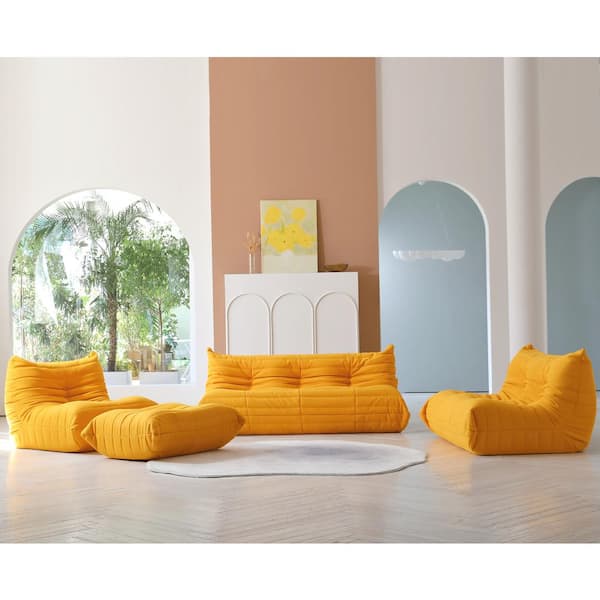 Magic Home 4 Pieces Lazy Sofa Velvet Fabric Living Room Set with Ottoman,Yellow