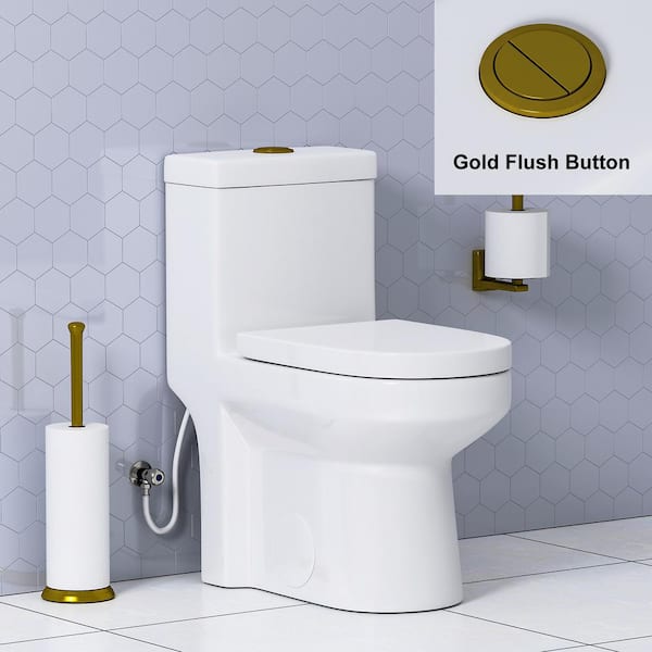 HOROW 1-piece 0.8/1.28 GPF High Efficiency Dual Flush Round Toilet in White with Seat Included and Brushed Gold Button