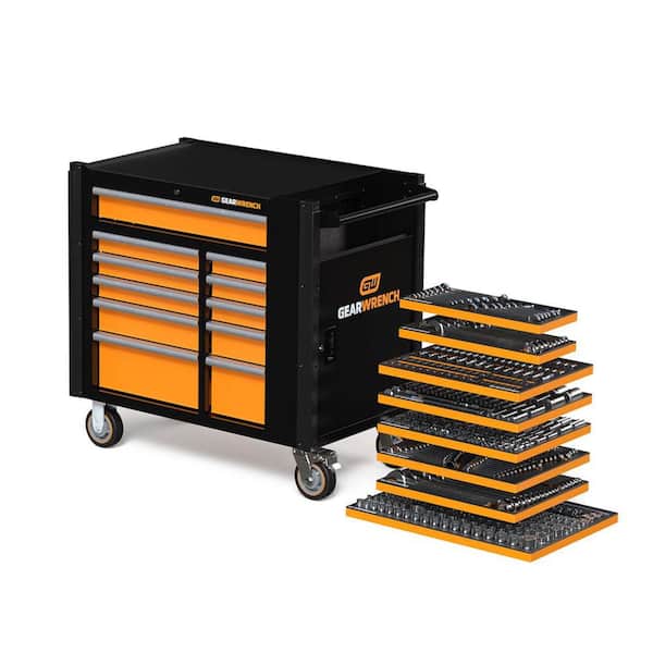 MEGAMOD 41 in. x 25 in. 11-Drawer Mobile Workbench Cabinet with Master Mechanics Tool Set in Foam Trays (614-Pieces)