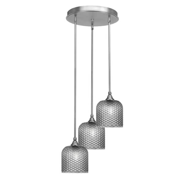 Unbranded Villa 60-Watt 15.75 in. 3 Light Nickel Stem Pendant Light with 7 in. Smoke Textured Glass Shade, No Bulbs Included