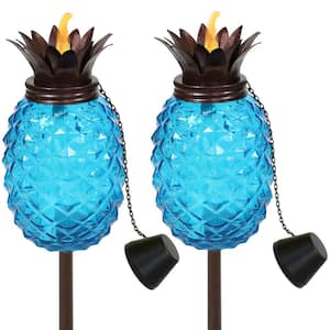 3-In-1 Blue Tropical Pineapple Glass Outdoor Torches (Set of 2)