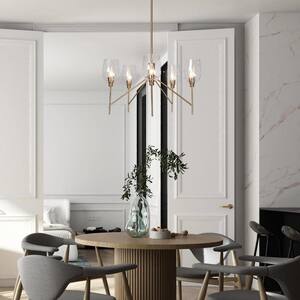 Transitional Dining Room Candlestick Chandelier 5-Light Plating Brass Chandelier with Textured Glass Shades
