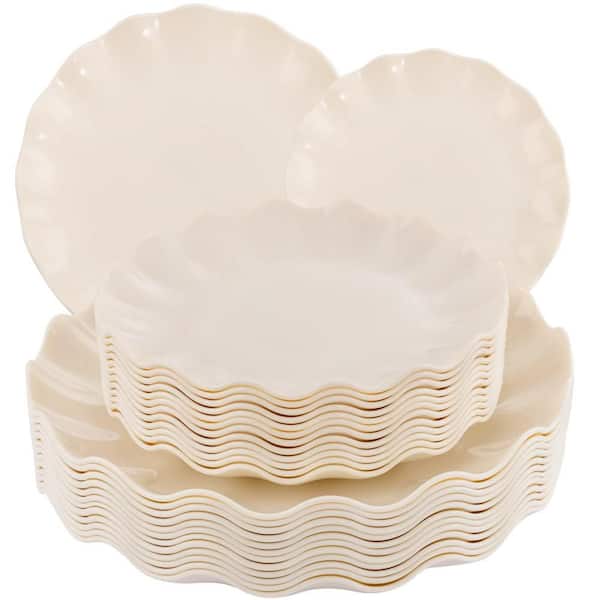 Reusable Unbreakable Plastic Plates, Beige Scalloped Dinner & Dessert Plates, BPA Free, Microwave Safe (Set of 24)