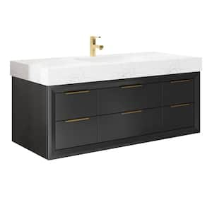 MarbleLux 48 in. W x 20.8 in. D x 21.2 in. H Floating Bathroom Vanity with Sink in Black White Marble Top and Basin