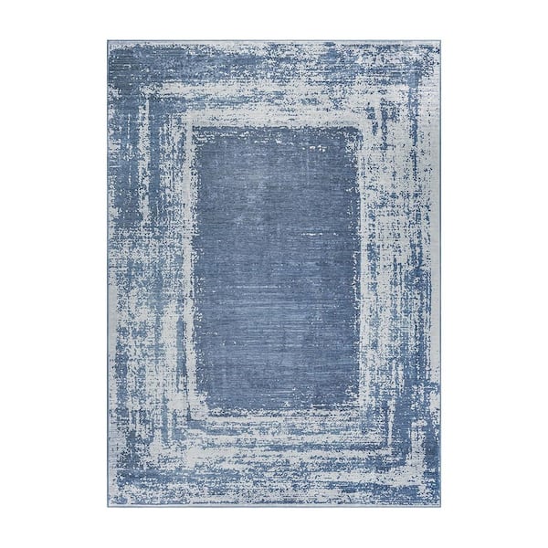 Amaya Bordered Abstract Navy/Grey Washable Rug 5 ft. x 7 ft. Area Rug