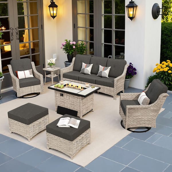 OVIOS Palffy Gray 7-Piece Wicker Patio Rectangle Fire Pit Conversation Set with Black Cushions and Swivel Chairs