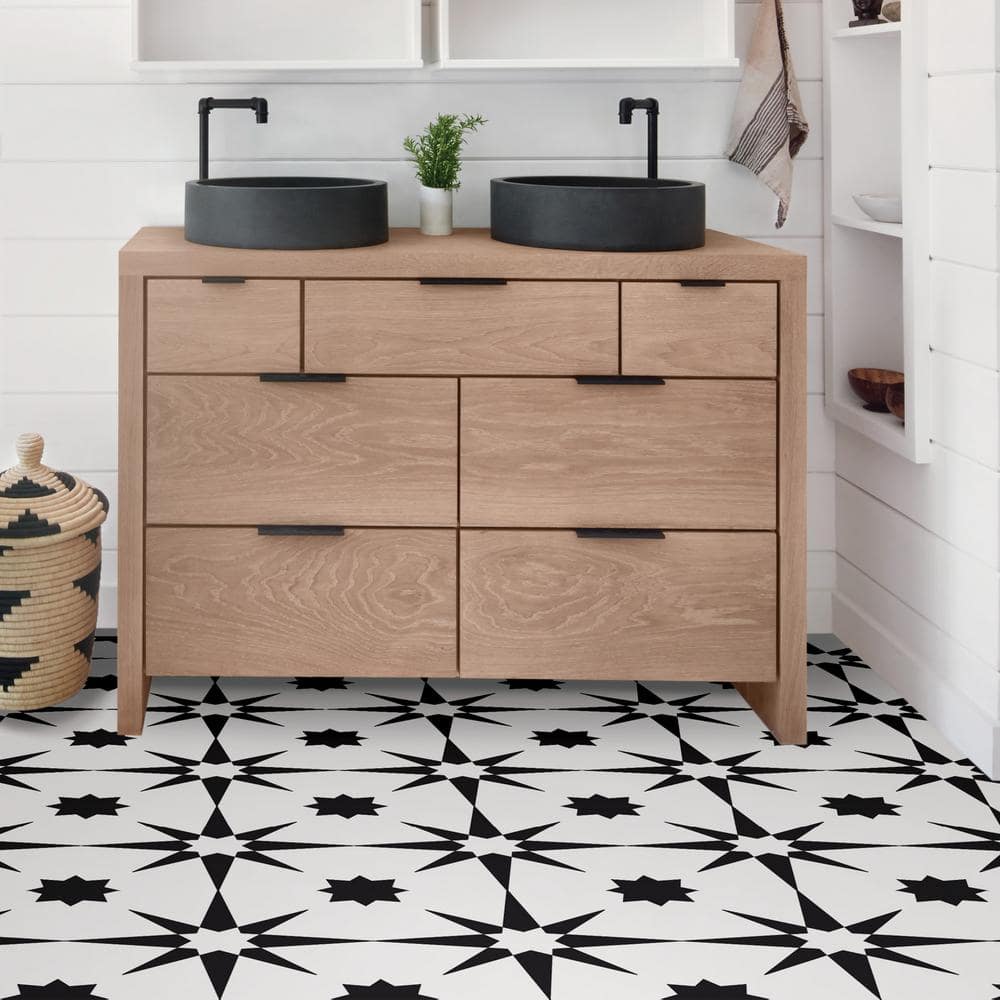 Altair Black and White Quilted Star 12'' Square Peel & Stick Floor Tiles