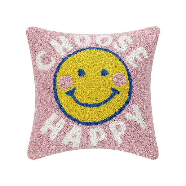 The Pillow Shoppe Choose Happy Pink Wool 14 in x 14 in Hook Throw Pillow