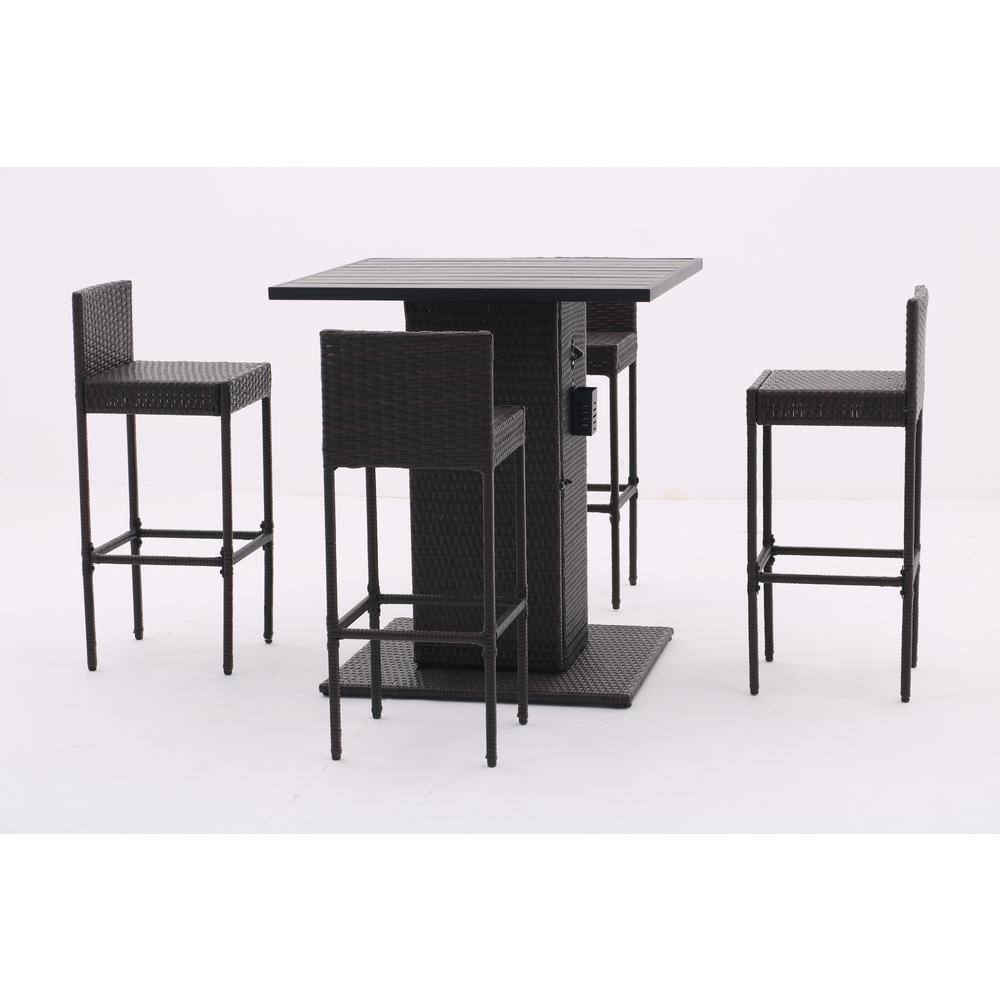 Gray 5-Piece Wicker Outdoor Dining Set, Patio Conversation Bar Set With Met