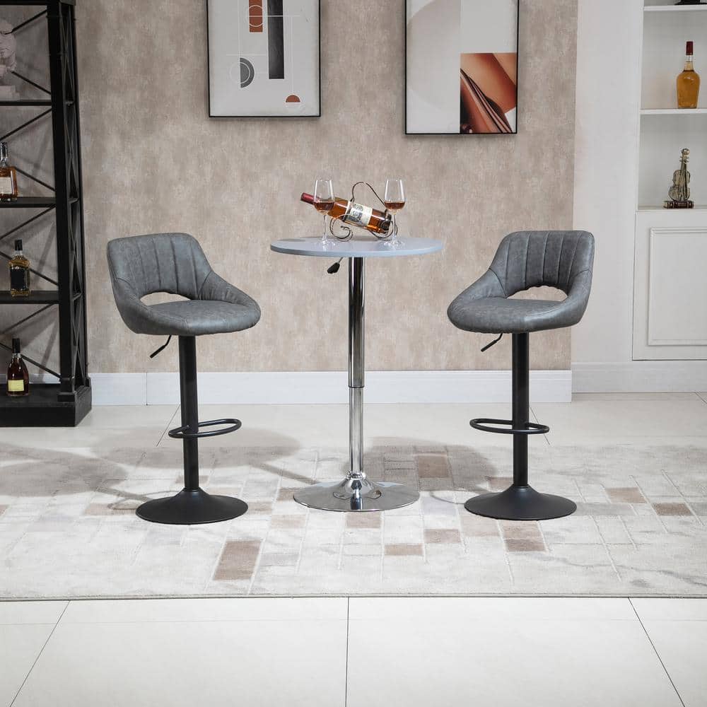 Adjustable Height & 360-Degree Swivel Gray Leather Bar Stool Set