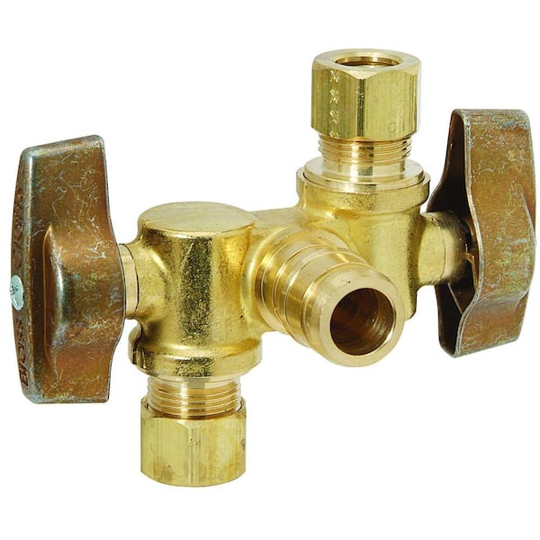 BrassCraft 1/2 in. Nom PEX Barb Inlet x 3/8 in. O.D. Comp x 3/8 in. O.D. Comp Dual Outlet Dual Shut-Off 1/4-Turn Angle Ball Valve